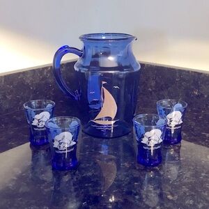 Vintage Hazel Atlas Cobalt Blue Ships Pitcher And 4  Windmill Juice Glasses
